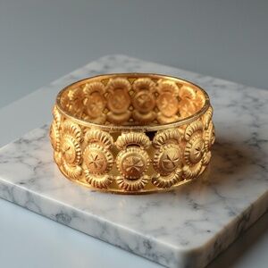 B016  Luxury Gold Plated Floral Filigree Bangle  Vintage Inspired Statement Cuff
